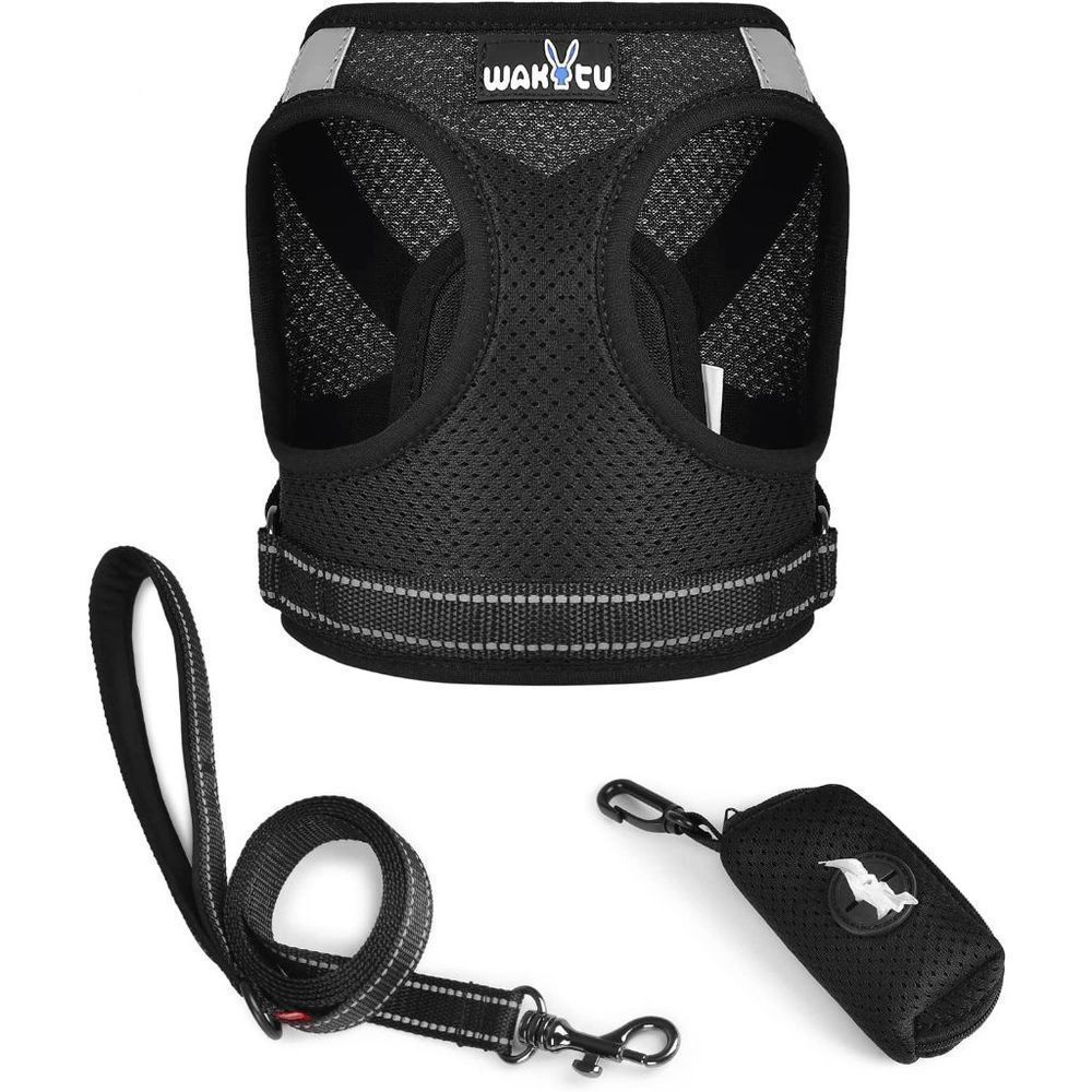 WAKYTU Dog Harness Set w/ Leash & Poop Bag Holder Black Size XL (Chest 16.5" - 2
